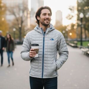 The North Face Jacket Mens Large Silver Thermoball Hooded Quilted Full Zip